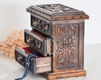 Wooden Jewelry Organizer with Drawers, Vintage Engraved Jewelry Box with Mirror, Wood Jewelry Storage, Handmade Jewelry Box with Key