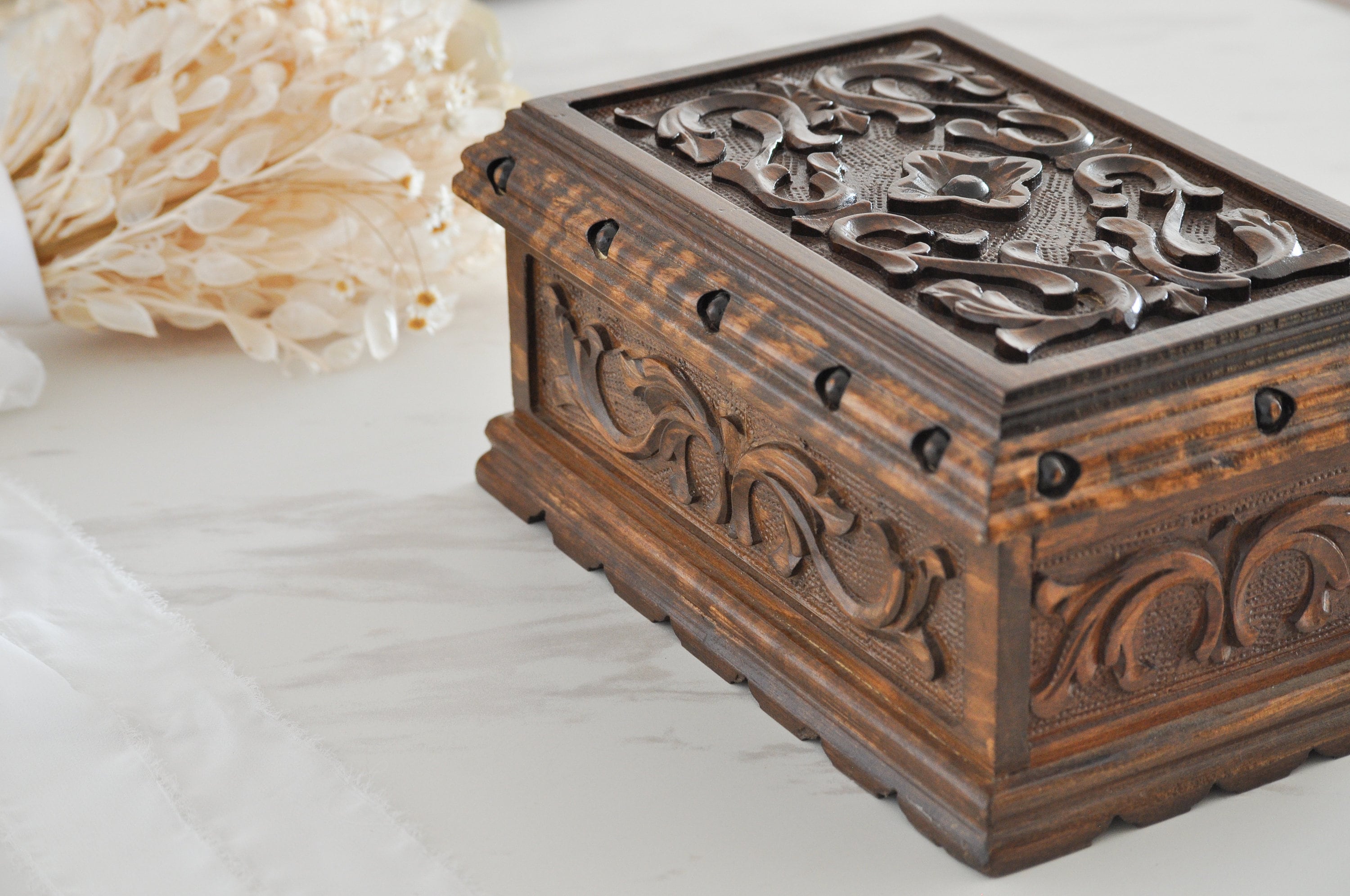 Hand Carved Wooden Jewelry Box With Lock And Key Antique Carved