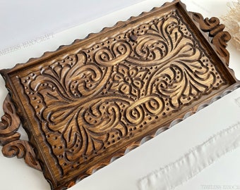 Flower Engraved Hand-Carved Rustic Tray, Wooden Serving Tray, Wooden Coffee Tray, Vintage Hand Carved Tray, Decorative Ottoman Tray, Gift