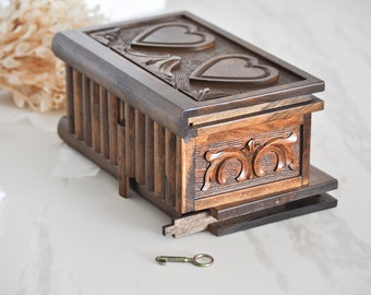 Large Hand Carved Wooden Secret Lock Box, Personalized Wooden Puzzle Box, Vintage Jewelry Box, Puzzle Box with Secret Key, Heart Engraved