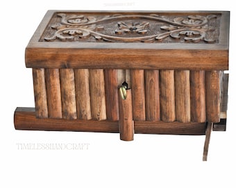 Large Secret Lock Jewelry Box with Key, Wood Locked Jewelry Chest, Handmade Engraved Wooden Chest, Walnut Treasure Chest, Puzzle Memory Box
