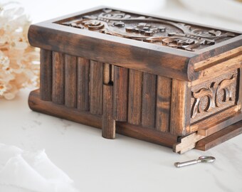 Wooden Box with Secret Lock, Wood Chest, Hand Carved Secret Lock Box, Vintage Jewelry Box, Large Flower Engraved Puzzle Box for Adults