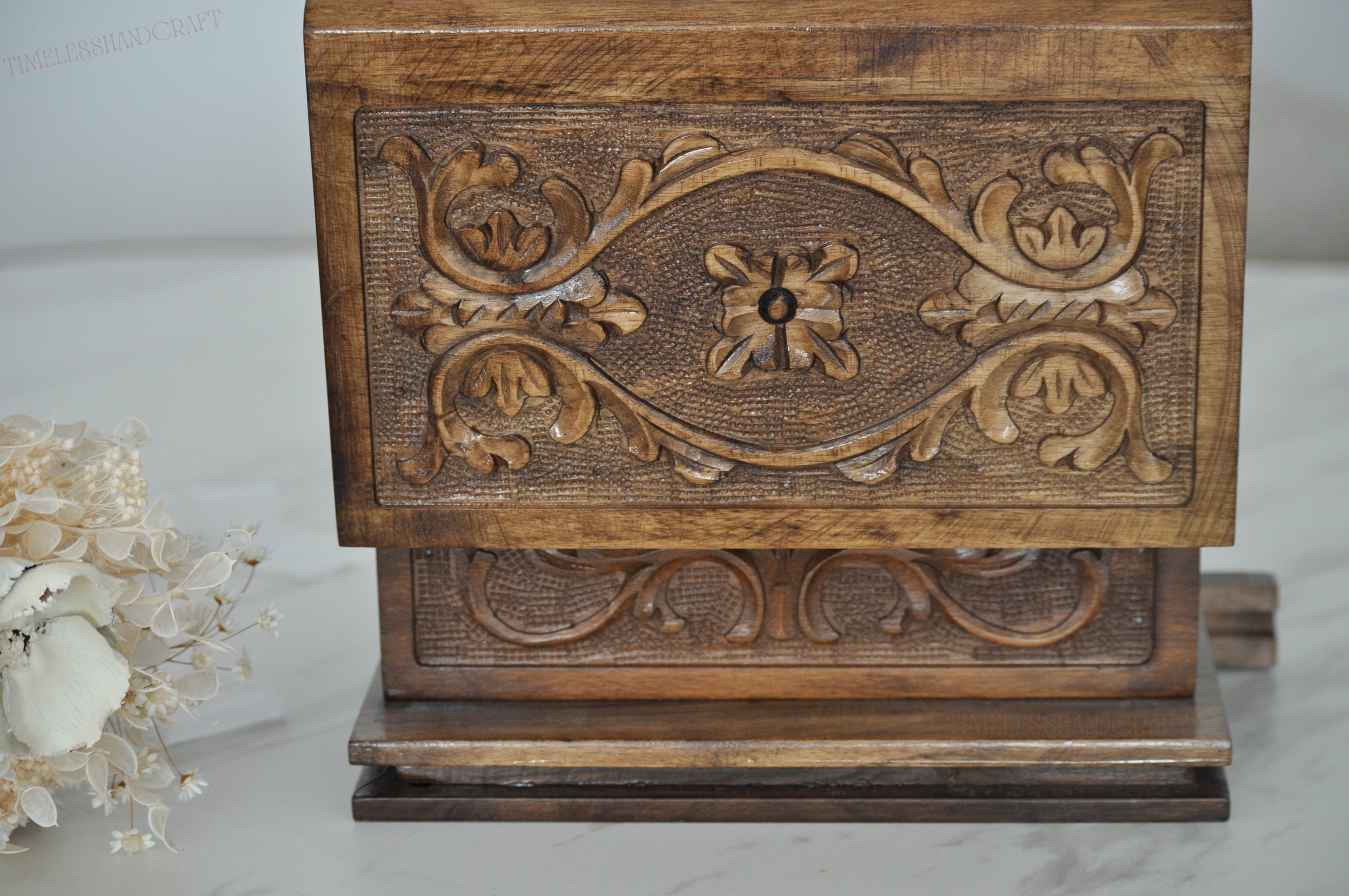 Puzzle Box With Secret Key, Hand Carved Walnut Box, Vintage