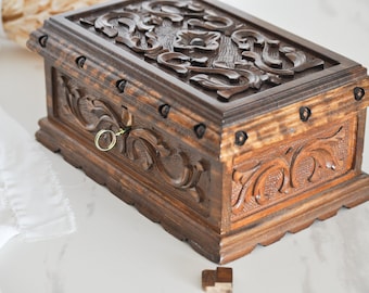 Large Secret Lock Jewelry Box with Key, Wood Locked Jewelry Chest, Handmade Engraved Wooden Chest, Walnut Treasure Chest, Puzzle Memory Box