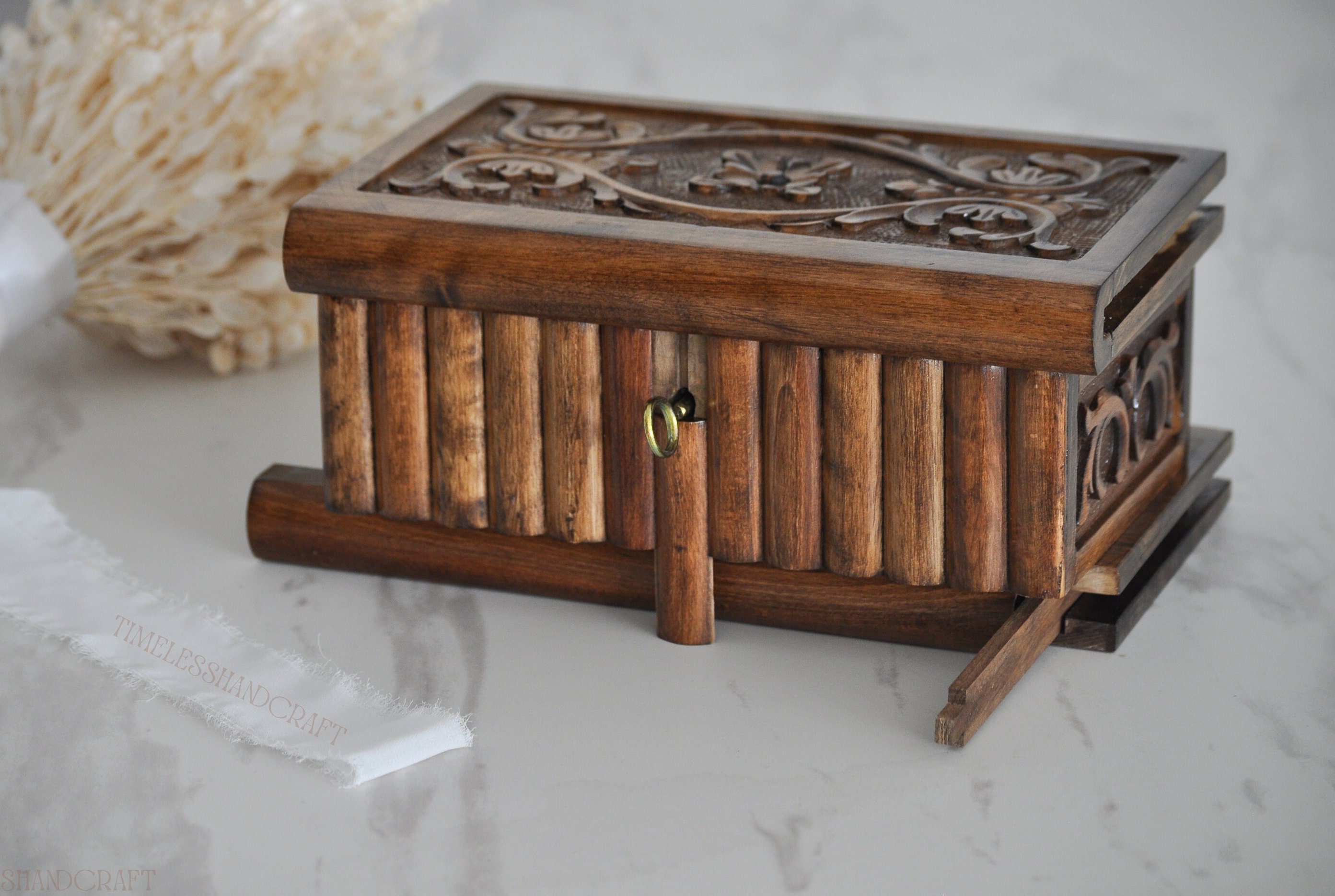 Puzzle Box With Secret Key, Hand Carved Walnut Box, Vintage