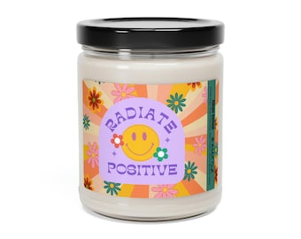 Radiate Positive Retro Good Vibes Hippie Peace Flowers Gift Candle Scented Soy Candle, 9oz