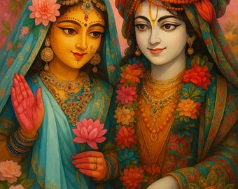 Radha Krishna Digital Painting – Hindu Spiritual Wall Art, Printable Indian Couple Artwork for Home Temple, Instant Download