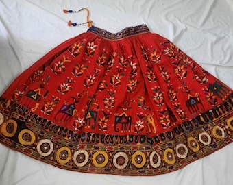 Indian Vintage Textile Skirt, Blue Hand Embroidery Mirror Work