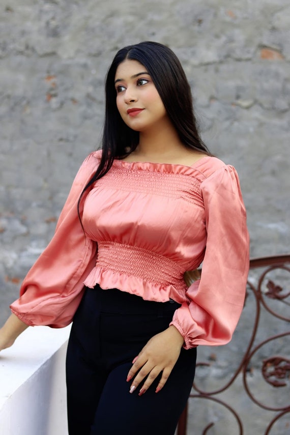Peach Crop Top for Girlssatin Pink Long Sleeve Crop - Etsy