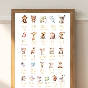 Cartel de animales ABC, aprender ABC, regalo de regreso a clases, alfabeto alemán de la habitación de los niños, letras mayúsculas y minúsculas, arte de la pared, idea de regalo para niños