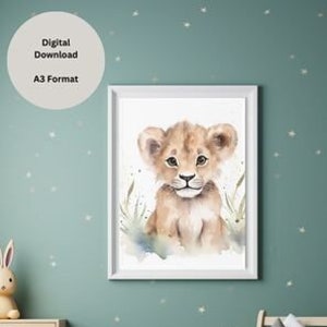 Póster de león para habitación infantil A3 Preciosa decoración de pared para niños y niñas Póster de animales de safari Póster para habitación infantil con estilo de acuarela de bebé león idea de regalo