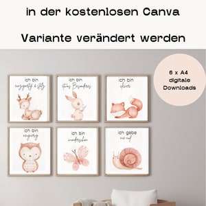 Imágenes de afirmación SET imágenes niñas habitación de los niños cartel de la habitación de los niños decoración de la habitación del bebé ciervo, conejo, caracol, mariposa, zorro, búho,