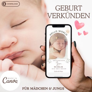 Anúncio de nascimento digital - Anúncio de bebê personalizável via WhatsApp - Download e envio imediatos - Para meninas e meninos - baby there
