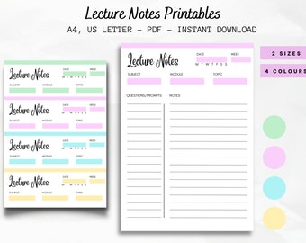 Printable lecture notes, note taking template, planner, college planners, student lined note taking pages and cornell notes