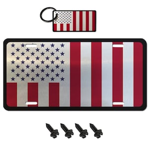 USA Made - Thick Brushed Aluminum Civilian Peacetime American Flag License Plate + 4 Black License Plate Screws And Keychain
