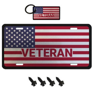 USA Made - Thick Brushed Aluminum Veteran American Flag License Plate + 4 Black License Plate Screws And Keychain