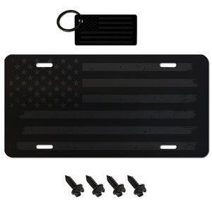 USA Made - Thick Brushed Aluminum Distressed Tactical American Flag License Plate + 4 Black License Plate Screws And Keychain - Car Tag