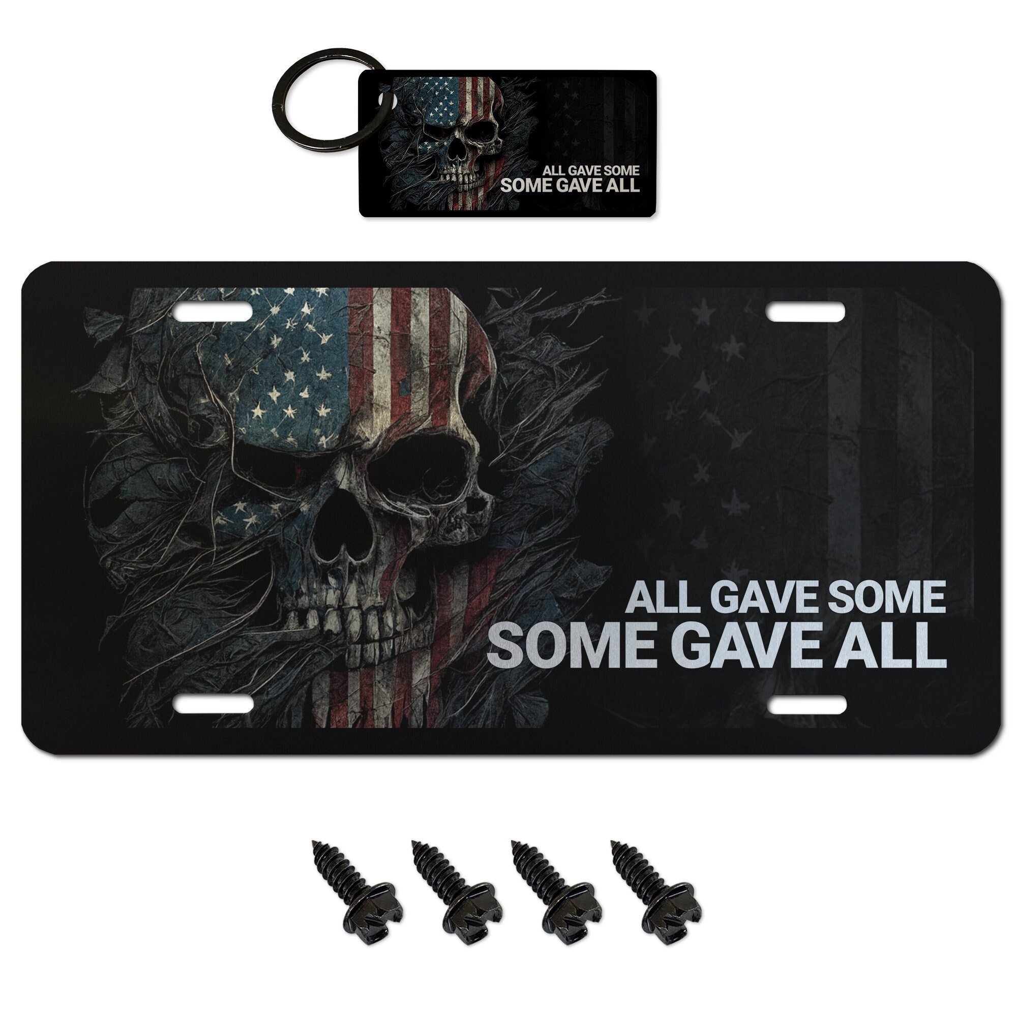 USA Made Skull American Flag Aluminum License Plate + Keychain