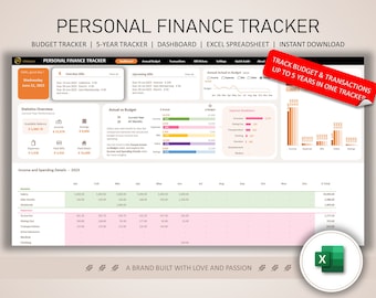 May include: A colorful spreadsheet with a pink and green color scheme. The spreadsheet is titled "Personal Finance Tracker" and includes sections for income and spending details, statistics overview, actual vs budget, and upcoming bills. The spreadsheet is designed to track budget and transactions up to 5 years in one tracker.