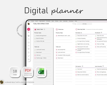 Digital Planner, Personal Planner, Excel To-Do List, Goal Tracker, Reflection, Recurring Tasks (Excel Template)