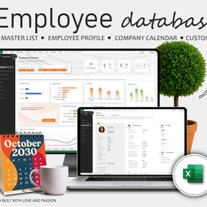 Könnte beinhalten: Ein Bild, das ein Konzept für eine Mitarbeiterdatenbank zeigt. Es zeigt einen Desktop-Monitor und einen Laptop, die Datenvisualisierungen und Mitarbeiterprofile anzeigen. Ein Kalender für Oktober 2030, eine Kaffeetasse und ein kleiner Topfbaum sind ebenfalls vorhanden. Der Text lautet "Employee database".