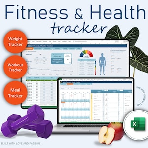 Fitness and Health Tracker, Weight Tracker, Workout Tracker, Workout Planner, Meal Tracker, Meal Planner, Excel Spreadsheet, Excel Template