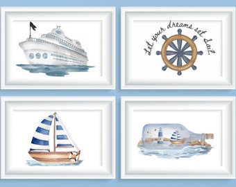 Watercolor Sailboat Prints, Printable 8x11 Wall Art with Inspirational Quote Sailboat Boys Room Set Of 4, Beach Sail Boat Boys Wall Art