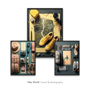 Set of 3 Flatlay Travel and Photography Prints, Travel and Photography Wall Art, Travel and Photography Art, Printable Wall Decor