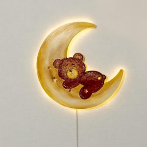 Moon and Bear Wall Night Light | LED Baby Night Lamp | Soft Glow Nursery Decor | Kids Bedroom Lighting