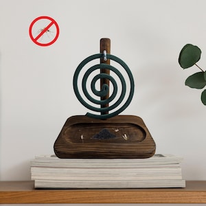Dark Wood Mosquito Coil Holder – Handmade Incense Spiral Stand, Rustic Wooden Burner for Patio, Camping, Garden, Housewarming Gift