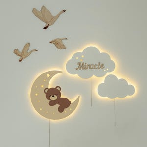 Personalisierte Bär Nachtlicht Set - Mond und Wolke Wandlampe, Kinderzimmer Dekor mit Name