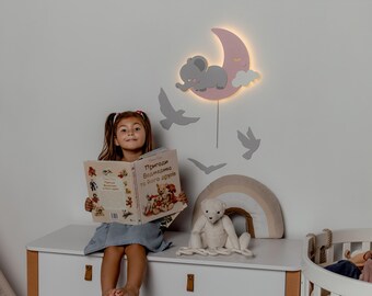 Wooden Elephant Night Light – Kids Bedroom Wall Lamp, Cute Animal LED Nursery Light, Baby Room Decor, Unique Baby Shower Gift