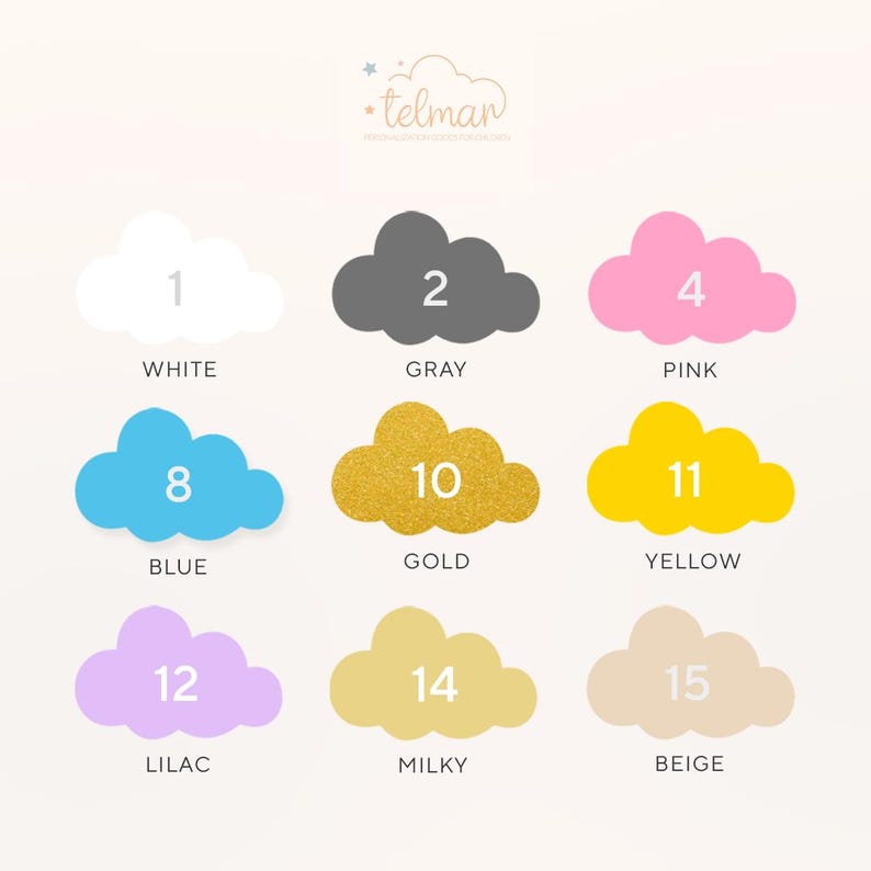 May include: A chart with 15 different colour swatches, each represented by a cloud shape. The colours are white, grey, pink, blue, gold, yellow, lilac, milky, and beige. Each cloud has a number from 1 to 15.