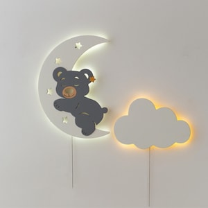 Bear Night Light Wall Decor – Moon and Cloud LED Nursery Lamp, Kids Room Lighting, Baby Shower Gift, Wooden Sleeping Bear Wall Light