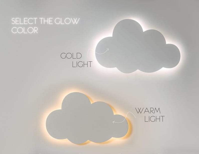 May include: Two cloud-shaped wall lights with illuminated edges are displayed. The top cloud emits a gold light, and the bottom cloud emits a warm light. Text above reads "SELECT THE GLOW COLOR". Text next to the clouds reads "GOLD LIGHT" and "WARM LIGHT".