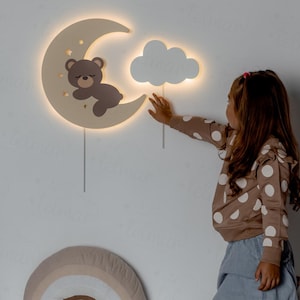 Kinderzimmer Nachtlicht, Mond und Wolke LED Wandlampe, Bär Nachtlicht für Kinderzimmer, Baby Schlaf Beleuchtung, umweltfreundliche Wanddekoration