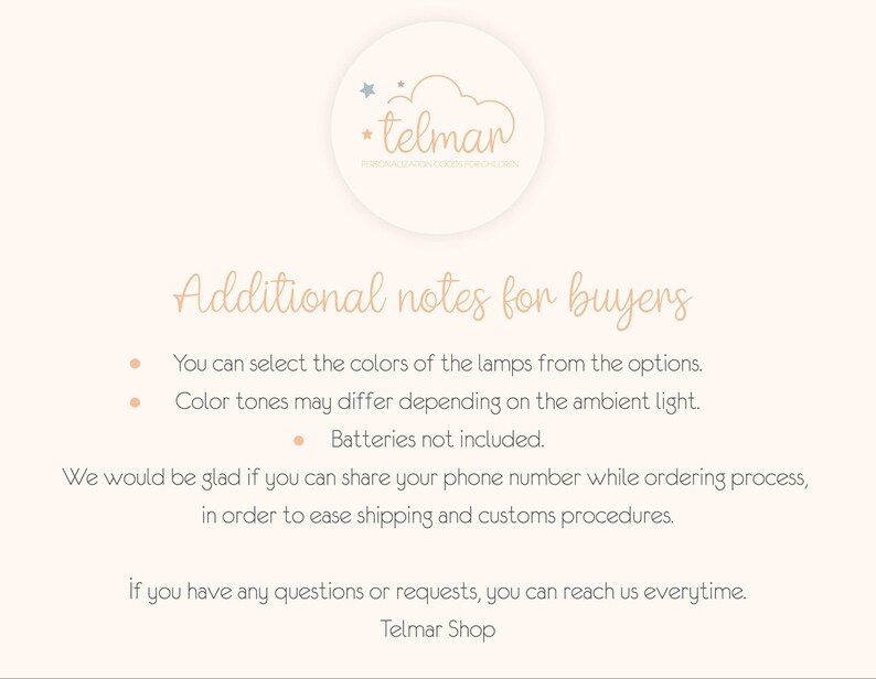 May include: Cream-colored background with text in a handwritten style. The text includes "Additional notes for buyers" and bullet points about color selection, color tones, and batteries. The Telmar Shop logo is at the top.