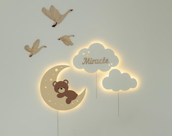 Personalized Nursery LED Night Light Set, Sleeping Bear Moon and Clouds, Baby Room Decor