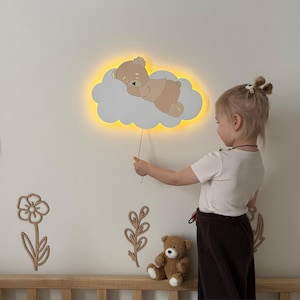 Nursery Wall Night Light Bear on Cloud , Baby Room Wall Lamp , Kids Room Decor , Warm LED Glow , Toddler Bedroom Light
