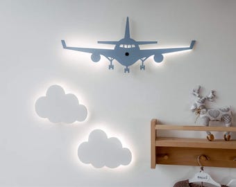 Airplane and Clouds LED Wall Night Light – Nursery Decor, Kids Room Lamp, Baby Shower Gift, Personalized Children's Night Lamp