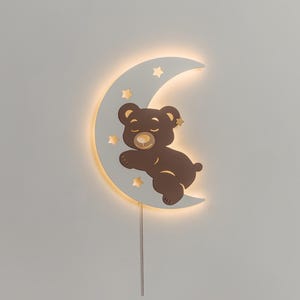 Wooden Moon Night Light with Bear – Kids Room Wall Lamp, Nursery Decor, Baby Night Light