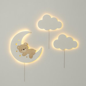 Luminária noturna para berçário, lua, urso, luminária de parede em forma de nuvem, luminária LED para quarto infantil, decoração para quarto de bebê, luminária de parede de madeira, luz noturna fofa, luminária de parede em forma de nuvem e lua