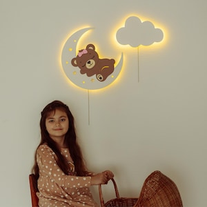 Bear on Moon & Cloud Wall Lights – LED Nursery Night Light Set – Wooden Baby Room Decor – Cute Wall Lamps for Kids – Gift for Newborn
