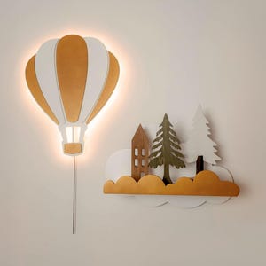 Balloon Night Light & Baby Shelf – Nursery Wall Decor, Wooden Kids Room Lamp, LED Nightlight, Mom and Baby Gift