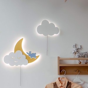 Moon and Cloud Night Lights – Nursery Wall Decor, Kids Room Wooden LED Lamp Set