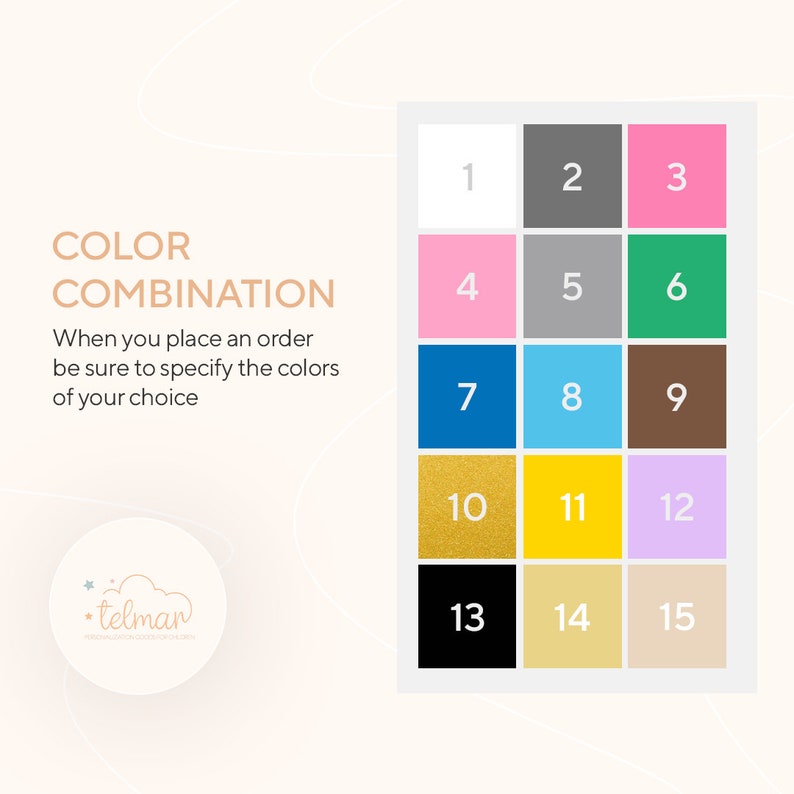 May include: Colour chart with 15 different colour swatches. The swatches are numbered 1 through 15. The text "COLOR COMBINATION" is at the top of the chart. The text "When you place an order be sure to specify the colours of your choice" is below the chart.