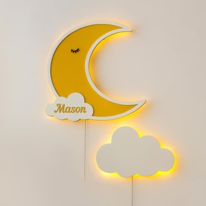 Personalisierte Mond Nachtlicht - Kinderzimmer Wand Dekor, Wolken Lampe für Baby Kinderzimmer, Benutzerdefinierte Name Licht, Holz umweltfreundliche Lampe