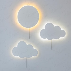 Round Moon and Two Clouds Wall Night Light – Wooden LED Lamp, Kids Room Decor, Nursery Wall Nightlight, Baby Shower Gift