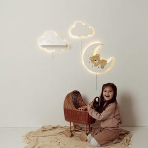 Mond-Bär LED-Wandleuchte - Kinderzimmer-Wolke-Regallampe, Kinderzimmer-Nachtlicht, hölzernes Wanddekor, Soft Glow-Baby-Nachtlampe, Kleinkindraum-Beleuchtung