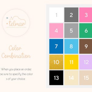 May include: A color combination chart with 15 numbered color swatches. The chart includes a logo with the text "telmar" and the words "Color Combination". The text "When you place an order be sure to specify the colors of your choice" is also included.
